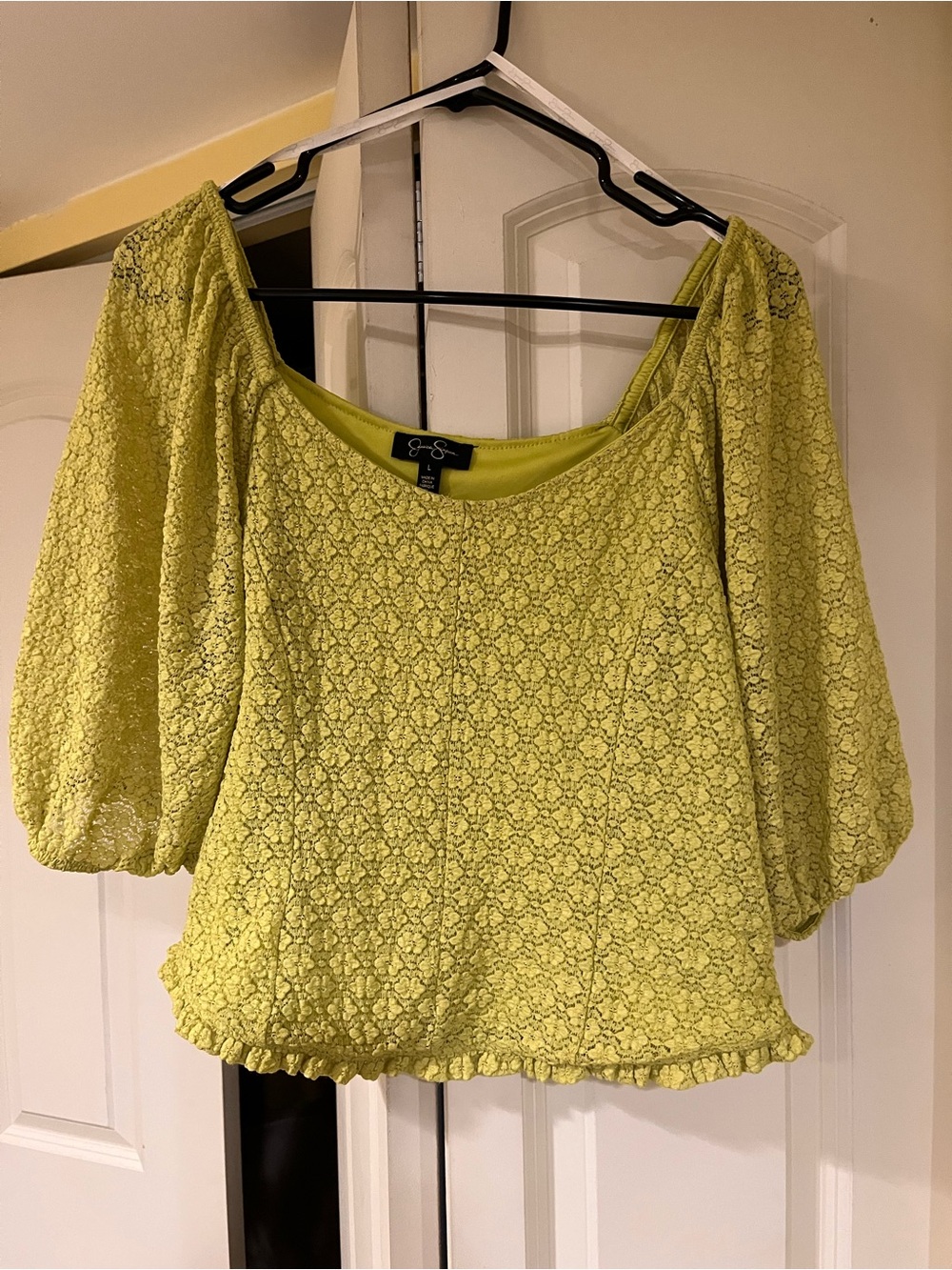 Jessica Simpson Bright Lime Lace Puff-Sleeve Blouse